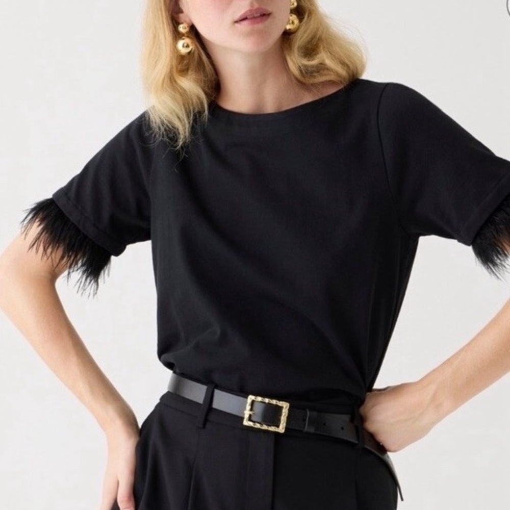 J. Crew Mariner Black Boatneck Top Feather Trim Blouse